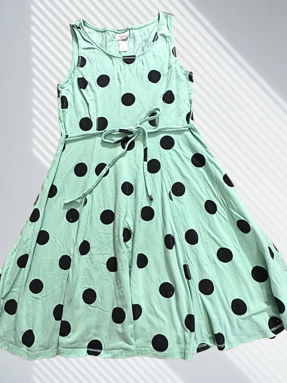 JUSTICE Dress Mint Green Black Polka Dot A Line Sleeveless Tie Front Girls SZ 12